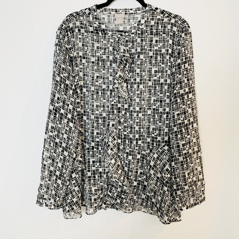 Chico's Blouse Size XL Black White Metallic Gold Ruffle Front Semi Sheer Dressy